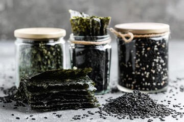 Wall Mural - Dried seaweed in jars on gray background Traditional Japanese snack