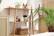 © Pixel-Shot - Shelving unit with cosmetic products and houseplants and hanging bathrobe