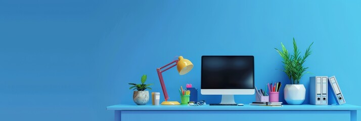 Aufkleber - Modern office workspace with desktop computer, lamp, and various office supplies on a blue desk. Perfect for business presentations and corporate websites