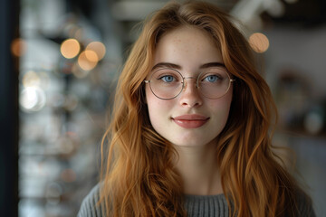 Wall Mural - Caucasian woman smiling with confidence in opticians shop