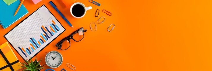 Poster - Office desk with charts, glasses, and coffee on an orange background. Business environment with a focus on data analysis and productivity
