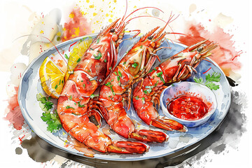 Wall Mural - Watercolor painting of grilled river prawns and seafood dipping sauce on a plate.