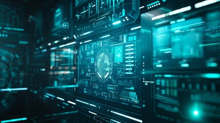Poster - Futuristic digital interface with blue-toned data charts and analytics. Cutting-edge technology background. Perfect for cybersecurity and technology presentations