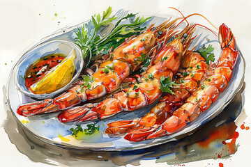 Watercolor painting of grilled river prawns and seafood dipping sauce on a plate.
