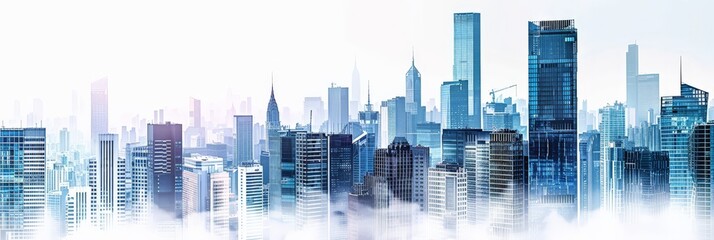 Aufkleber - White and blue city skyline with a foggy overlay. Elegant urban landscape. Perfect for business and corporate backgrounds