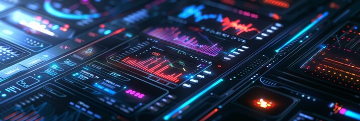Poster - Close-up of a futuristic digital dashboard with colorful data charts and graphs. Advanced technology analytics. Ideal for financial and tech presentations