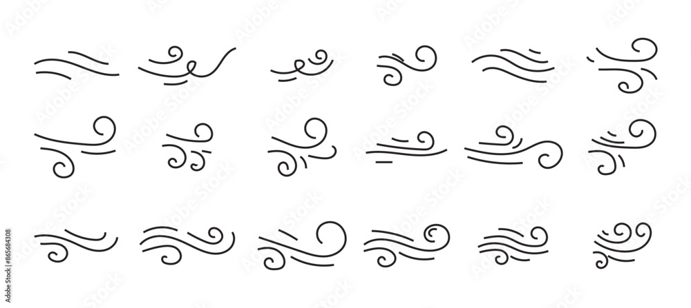 Doodle wind line sketch set. Hand drawn doodle wind motion, air blow ...