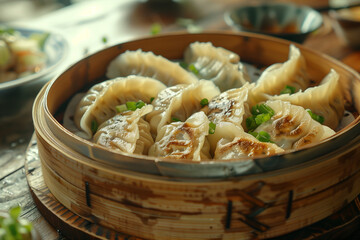 Wall Mural - Dumplings in a bamboo basket Served on the dining table.