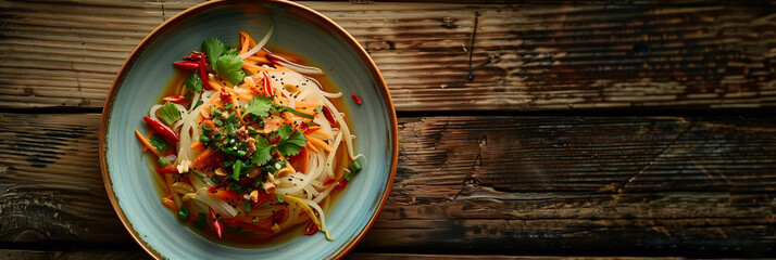 Somtam in a plate on a wooden table, papaya salad, Somtam is the name of a Thai food that has a spicy taste.