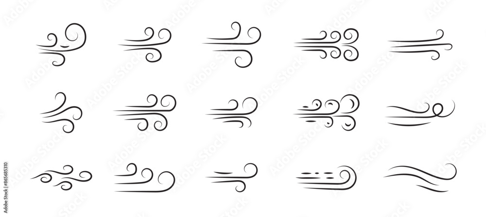 Doodle wind line sketch set. Hand drawn doodle wind motion, air blow ...