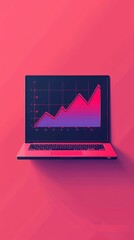 Aufkleber - Laptop displaying a rising graph on a red background. Business growth and digital marketing concept. Ideal for online presentations and reports