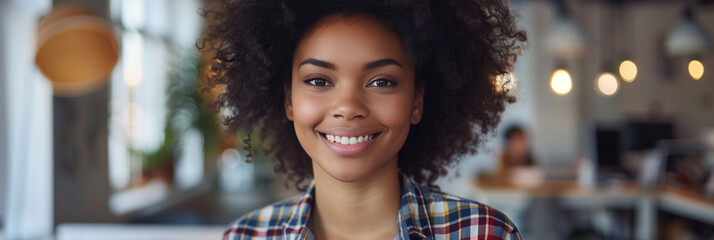 Poster - African American woman wearing casual clothes smiles with confidence in office.