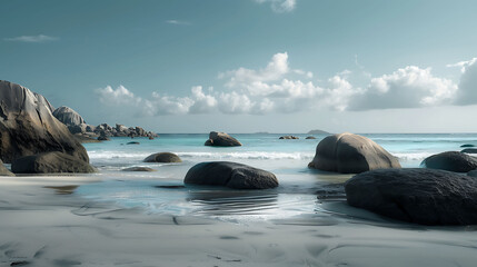 Serene landscape of the Seychelles featuring white sandy beaches and granite boulders against a backdrop of the Indian Ocean captured with a Sony A7R IV and a FE 2470mm f28 GM lens