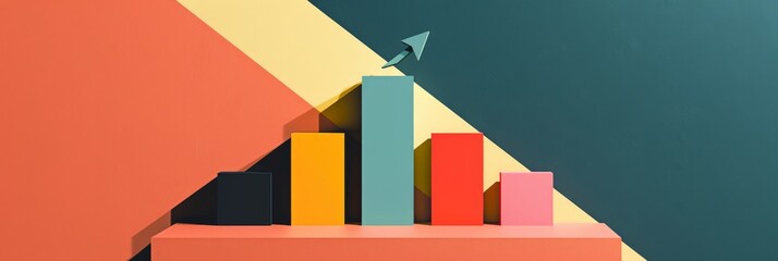 Aufkleber - Colorful bar graph illustration with an arrow pointing upward against a geometric background. Business growth and financial success concept. Perfect for presentations and reports