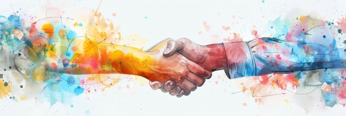 Aufkleber - Abstract watercolor illustration of a handshake with colorful splashes. Business partnership and collaboration concept. Suitable for agreement and cooperation visuals