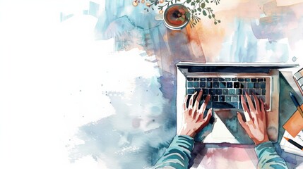 Fototapete - Illustration of hands typing on a laptop with a colorful, artistic background. Ideal for creative business planning and modern digital workspaces. Home office concept