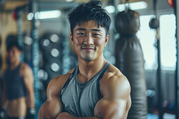 Wall Mural - Asian man wearing tank top smiling with confidence at boxing gym.