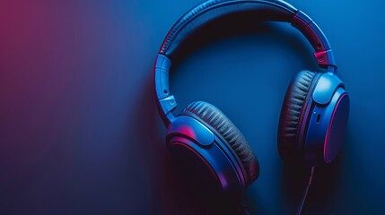 Gaming headphones on red and blue background