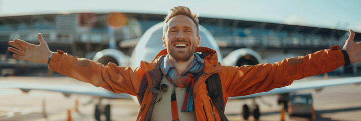 Wall Mural - Caucasian male tourist arriving at the airport.