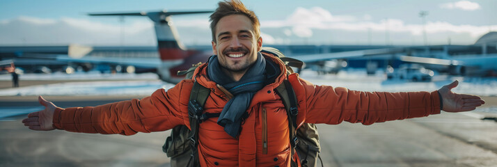 Wall Mural - Caucasian male tourist arriving at the airport.