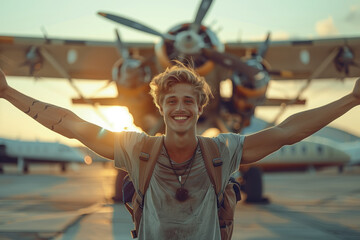 Wall Mural - Caucasian male tourist arriving at the airport.