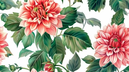 Wall Mural - Colorful Pattern Flowers. Vector Pattern of Dahlia Flowers. Home Plant Flowers Reference 