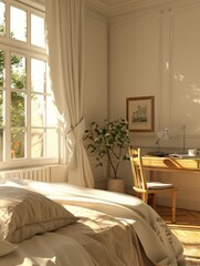 Wall Mural - white bedroom with small desk and table,