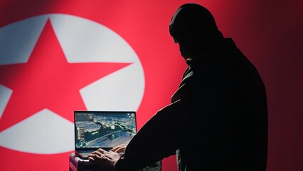 Poster - North Korea air defense operator uses radar system to detect incoming missiles during korean conflict. Pyongyang regime army soldier scans rockets approaching borders, deploys shields, camera B