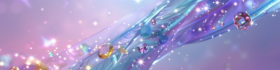 Wall Mural - Colorful gemstones set vividly against a dynamic and flowing backdrop of light purple and sky blue hues, with stars scattered throughout and shiny feathers adding 