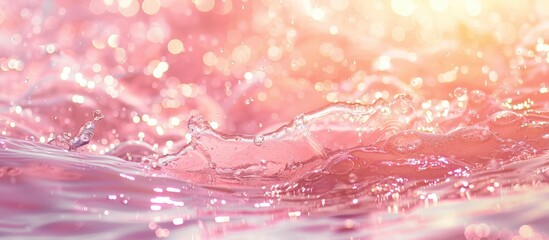 Wall Mural - Pink clear water surface with bubbles and splashes. Abstract summer nature background of waves in sunlight.