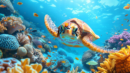 A sea turtle swims through a colorful and vibrant coral reef teeming with life, showcasing the beauty and biodiversity of underwater ecosystems