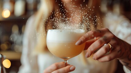 A bartender holds a glass of a frothy cocktail. She sprinkles on it while tiny drops fall from it.