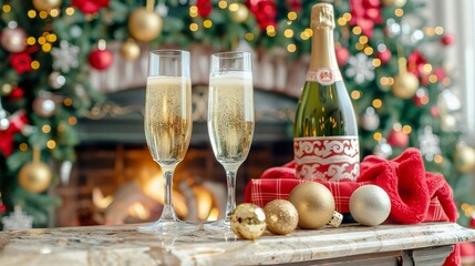 Festive champagne celebration in cozy Christmas setting concept