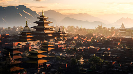 Wall Mural - A city with many buildings and a mountain in the background.