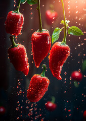 Wall Mural - A bunch of red peppers hanging from a stem.