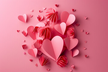 Wall Mural - Valentine's Day card with hearts paper cut style on a pink background. Generative AI