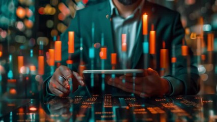 Aufkleber - This businessman uses a tablet to analyze stock market data at night.