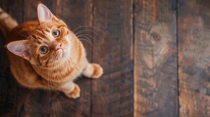 Sticker - Ginger cat on wooden floor looking up top view blurred background space for text