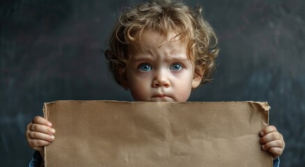 Wall Mural - A Curious Little Boy Holding a Cardboard Sign