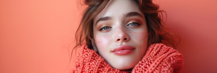 Wall Mural - Portrait of a Young Woman in a Knitted Sweater