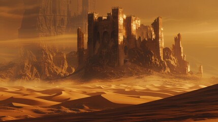 The scene depicts a vast desert landscape with towering sand dunes, ancient ruins, and mysterious oases dotting the scenery