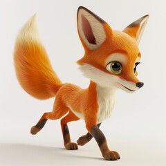 On an isolated background, a small funny cartoon fox cub can be seen