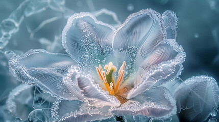 Beneath icy water of Lake Baikal ethereal beauty of ice tulip unfolds depth Using macrophotography delicate petal intricate ice formation of rare winter flower captured stunning detail offering