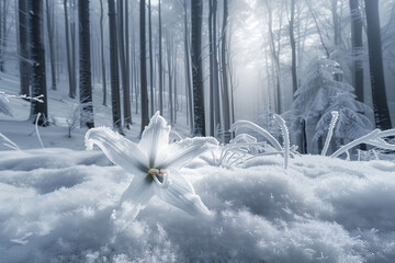 Beneath snowy canopy of Black Forest elusive beauty of frost lily emerges frostcovered forest floor Using specialized macrophotography technique delicate frost crystal intricate detail of rare winter