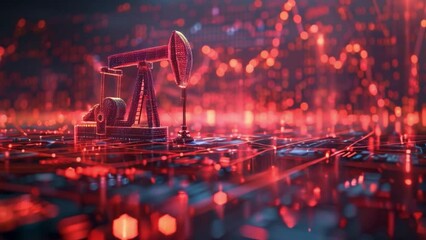 Aufkleber - A close-up, digital illustration of an oil rig illuminated against a red background with blurred out red lights in the distance.