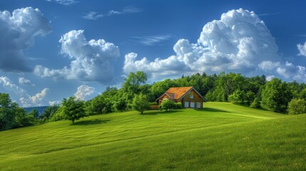 Wall Mural - Picturesque Cabin Amidst Rolling Green Hills