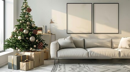 A modern Christmas setting with a wall featuring minimalist Christmas art prints and sleek, metallic decorations