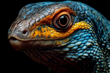 Wall Mural - A close up of a lizard's face with blue eyes.