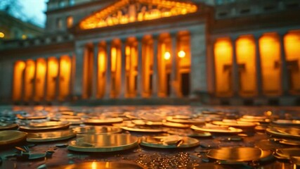 Poster - This Coins Scattered in Front of a Lit-Up Government Building at Dusk