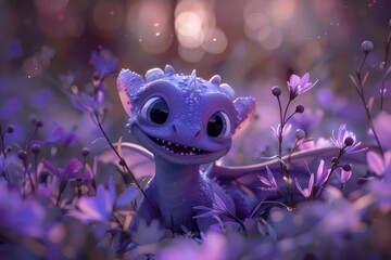 Cute adorable purple lizard generative stock rendered as a children-friendly animated fantasy style animation